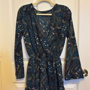 Honey Punch Blue and Orange Paisley Long Sleeve Romper